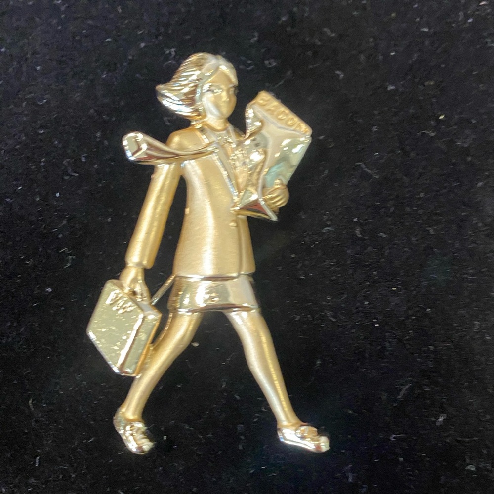 Vintage Jewelry Signed AJC Working VIP Woman Bringing Home the Bacon Pin Brooch